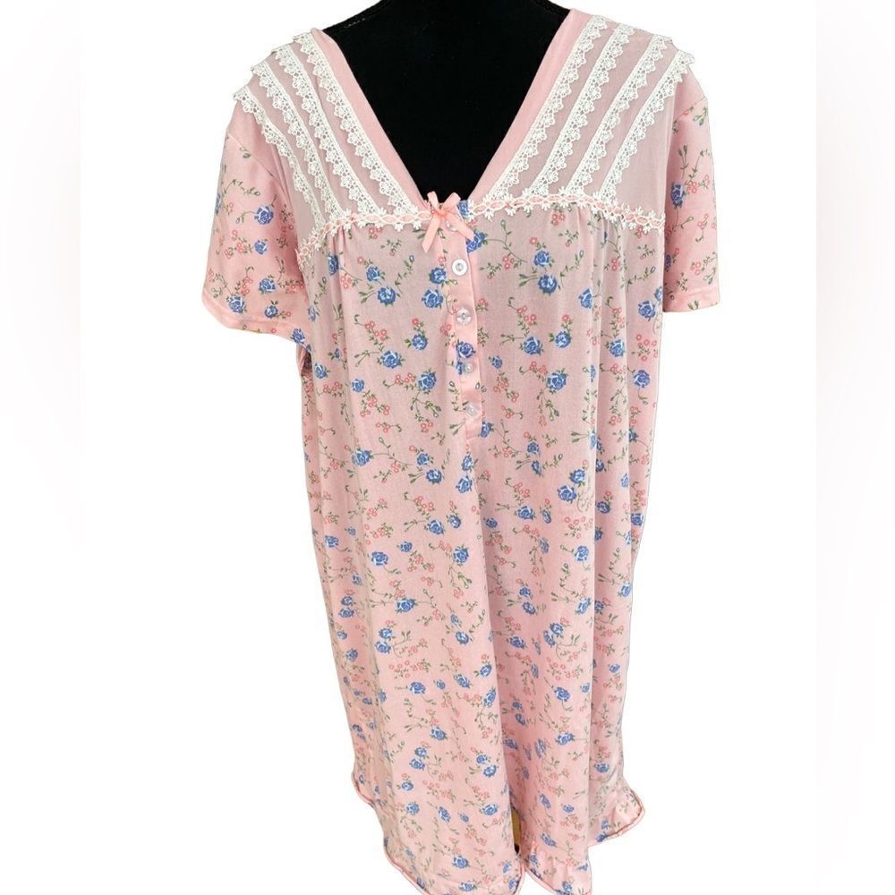 Betsy TW pink floral lace trim knee length nightgown, button front